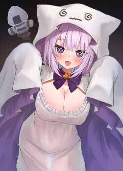 1girl @_@ absurdres black_background blush breasts cape cleavage cowboy_shot dress highres hololive hood hood_up hooded_cape large_breasts nekomata_okayu onigirya_(nekomata_okayu) purple_eyes purple_hair shiemika324 simple_background solo_focus virtual_youtuber white_cape white_dress