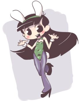 1girl animal_ears black_eyes black_hair black_pantyhose black_shoes blush bow bowtie cartoon_network codename:_kids_next_door fake_animal_ears fake_tail flat_chest green_bow green_bowtie green_leotard high_heels k-nattoh leotard loli long_hair looking_at_viewer numbuh_3 open_mouth pantyhose playboy_bunny rabbit_ears rabbit_tail shoes smile standing standing_on_one_leg tail teeth waving white_background wrist_cuffs