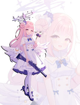 1girl angel_wings blue_archive blue_bow blush bow capelet crescent dress feathered_wings flower full_body gold_trim gun hair_bun hair_flower hair_ornament halo high_heels highres holding holding_gun holding_weapon kawaiipony2 lanchester_smg long_hair looking_at_viewer low_wings mika_(blue_archive) open_mouth pantyhose pink_hair pink_halo pumps purple_flower scrunchie single_hair_bun single_side_bun smile submachine_gun underbust very_long_hair weapon white_capelet white_dress white_overskirt white_pantyhose white_wings wing_ornament wings wrist_scrunchie yellow_eyes