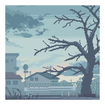bare_tree border building cloud fence highres kanashino morning no_humans original pixel_art road_sign scenery sign sky traffic_barrier tree white_border