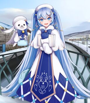 Rule 34 | 1girl, animal, beret, blue bow, blue eyes, blue gloves, blue hair, blue sky, blue tabard, blush, book, bow, braid, capelet, christmas lights, commentary request, dress, fortissimo, gloves, gold trim, hair between eyes, hair ornament, hat, hatsune miku, highres, holding, holding book, long hair, long sleeves, looking at viewer, musical note, musical note hair ornament, nekoinu bamboo, official alternate costume, official alternate hairstyle, open mouth, outdoors, rabbit yukine, sky, smile, snowflake print, tabard, twintails, very long hair, vocaloid, white capelet, white hat, white rabbit (animal), yuki miku, yuki miku (2021)