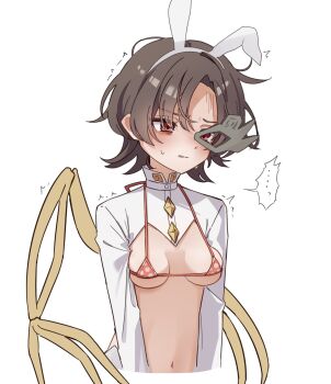 Rule 34 | 1girl, animal ears, asymmetrical wings, bikini, blush, breasts, brown hair, buttons, clothing cutout, collared shirt, commentary request, cropped torso, diamond button, embarrassed, fake animal ears, highres, iwanaga ariya, micro bikini, navel, rabbit ears, red eyes, revealing clothes, shirt, short hair, simple background, skeletal wings, small breasts, solo, speech bubble, sweatdrop, swimsuit, touhou, trembling, white background, wings, ww333v