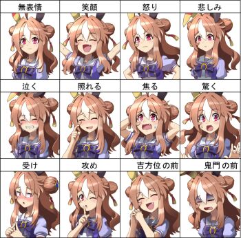 1girl =_= animal_ears blush brown_hair chart closed_eyes commentary_request copano_rickey_(umamusume) double_bun expression_chart fang fangs hair_between_eyes hair_bun hair_ornament horse_ears horse_girl one_eye_closed open_mouth own_hands_together red_eyes ribbon school_uniform solo tellzeta translation_request umamusume