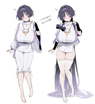 1girl absurdly_long_hair au_au08 barefoot blush bracer breasts choppy_bangs closed_mouth commentary_request dot_mouth dress eyeliner genderswap genderswap_(mtf) genshin_impact hair_between_eyes hand_up highres large_breasts long_hair looking_at_viewer makeup multiple_views purple_eyes purple_hair purple_shirt red_eyeliner scaramouche_(genshin_impact) shirt short_hair short_sleeves simple_background thighhighs translation_request very_long_hair white_background white_dress white_thighhighs wide_sleeves