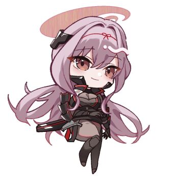 1girl armor black_bodysuit bodysuit brown_eyes chibi closed_mouth goddess_of_victory:_nikke grey_bodysuit grey_hair hair_intakes hair_ornament halo japanese_armor kyouhanechaou long_hair official_alternate_costume scarlet_(nikke) shoulder_armor simple_background smile sode solo yatanukikey