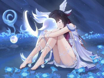 1girl barefoot black_hair blue_flower blurry blurry_background closed_mouth colored_inner_hair columbina_(genshin_impact) commentary dealesis dress english_commentary eye_mask feet flower full_body genshin_impact hair_ornament highres knees_up long_hair luonnotar_(genshin_impact) mask multicolored_hair panties purple_hair sitting smile streaked_hair thighs toes two-tone_hair underwear white_dress white_panties wing_hair_ornament