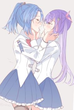 2girls after_kiss assault_lily benini blue_hair blue_skirt blurry blush bow brown_thighhighs commentary cowboy_shot depth_of_field face-to-face frilled_skirt frills from_side grey_background hair_between_eyes hair_ornament hair_ribbon half-closed_eyes hands_on_another&#039;s_cheeks hands_on_another&#039;s_face hands_up herensuge_girls_academy_school_uniform high_ponytail jacket jewelry long_hair long_sleeves looking_at_another makino_mitake matsumura_fuuka miniskirt multiple_girls open_mouth pink_eyes pink_ribbon pleated_skirt ponytail profile purple_hair raised_eyebrows red_bow ribbon ring saliva saliva_trail school_uniform short_hair simple_background skirt sweatdrop tassel tassel_hair_ornament thighhighs twintails twitter_username very_long_hair white_jacket yellow_eyes yuri