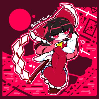 Rule 34 | 1girl, absurdres, ascot, black hair, bow, character name, commentary, encode8564, frilled bow, frilled hair tubes, frilled skirt, frills, full body, gohei, hair bow, hair tubes, hakurei reimu, highres, holding, holding gohei, long hair, looking at viewer, nontraditional miko, red background, red bow, red eyes, red shirt, red skirt, red theme, shirt, skirt, solo, touhou, yellow ascot