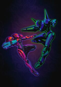 1girl absurdres arm_cannon arm_mounted_weapon armor assault_visor commentary english_commentary glowing highres metroid metroid_prime_4:_beyond neon_trim nintendo power_armor samus_aran shoulder_pads sylux_(metroid) tomycase weapon