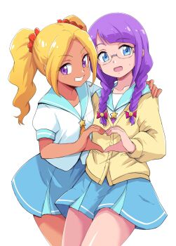 2girls alternate_hairstyle amamiya_elena bespectacled blonde_hair blue_eyes blue_sailor_collar blue_skirt bow braid brown_cardigan cardigan commentary_request cowboy_shot dark-skinned_female dark_skin glasses grin gyaru hair_bow hair_ornament hair_scrunchie hand_on_another's_shoulder heart heart_hands heart_hands_duo highres kaguya_madoka looking_at_viewer low_twin_braids medium_hair mihoshi_middle_school_uniform multiple_girls open_mouth precure purple_eyes purple_hair red_bow red_scrunchie sailor_collar school_uniform scrunchie semi-rimless_eyewear shirt short_sleeves simple_background skirt small_sweatdrop smile star_(symbol) star_twinkle_precure twin_braids twintails uraki white_background white_shirt
