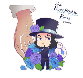 1boy :< bird black_hair blue_flower blue_rose character_name commentary_request dove facial_hair flower foxvulpine goatee happy_birthday hat hat_flower jitome male_focus necktie one_piece petals purple_flower purple_rose rob_lucci rose top_hat twitter_username