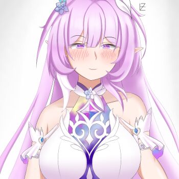 1girl bare_shoulders blush breasts cyrene_(honkai:_star_rail) cyrene_(ripples_of_past_reverie)_(honkai:_star_rail) detached_sleeves dress hakaho_haze highres honkai:_star_rail honkai_(series) large_breasts long_hair looking_at_viewer pink_hair pointy_ears purple_eyes smile white_dress