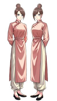 2girls absurdres arms_behind_back blue_eyes brown_hair changpao china_dress chinese_clothes dress hair_bun highres kokoro_no_koibito kung_fu long_sleeves martial_arts monk multiple_girls original pink_dress self-upload shaolin_monk standing training