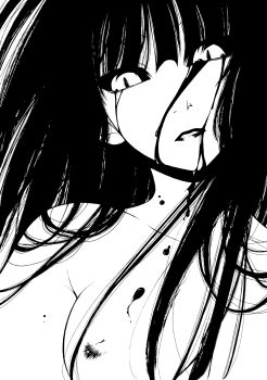 1girl bleeding blood bloody_tears breasts colored_sclera commentary_request expressionless ga-rei ga-rei_zero greyscale highres isayama_yomi kuromasa_shisei long_hair looking_at_viewer monochrome parted_lips slit_pupils small_breasts solo