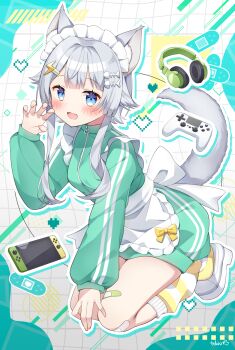 1girl :d animal_ear_fluff animal_ears apron blue_eyes blunt_bangs blush bow bow_apron cat_ears cat_girl cat_tail commentary commission controller dot_nose fish_skeleton_hair_ornament full_body game_controller green_jacket grey_hair grid_background hair_ornament hand_up headphones heart highres indie_virtual_youtuber jacket jersey_maid lightning_bolt lightning_bolt_hair_ornament lightning_bolt_symbol long_sleeves looking_at_viewer maid nintendo_switch open_mouth outline rairai_you shoes short_hair_with_long_locks signature skeb_commission smile socks solo striped_clothes striped_socks tail tobio_illust track_jacket unconventional_maid virtual_youtuber white_apron white_background white_outline white_shoes yellow_bow yellow_socks zipper