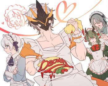 1girl 4boys ;o apron black_horns blue_dress blue_eyes chinese_commentary closed_eyes commentary_request crossdressing crossdressing_(mtf) crossed_arms dress elysia_(honkai_impact) elysia_(miss_pink)_(honkai_impact) elysia_(miss_pink_elf)_(honkai_impact) food green_hair grey_hair highres holding holding_plate honkai_(series) honkai_impact_3rd horns kalpas_(honkai_impact) ketchup kevin_kaslana kosma long_hair maid maid_apron maid_headdress male_focus male_maid mask mask_on_head multiple_boys official_alternate_costume omelet omurice one_eye_closed orange_dress orange_eyes plate pointy_ears short_hair simple_background su_(honkai_impact) white_apron white_background white_hair zhaonan