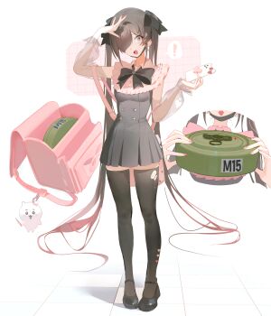 ! 1girl absurdres backpack bag bag_charm black_bow black_hair black_mask black_pantyhose black_shoes black_thighhighs bow breasts cellphone charm_(object) chiikawa chiikawa_(character) commentary_request detached_sleeves dress explosive gradient_hair hair_over_one_eye hair_ribbon highres holding holding_phone jirai_kei long_bangs long_hair mask mask_pull mine_(weapon) multicolored_hair multiple_views nail_polish oh_(aung_ae) original pantyhose phone pink_bag pink_nails randoseru red_hair ribbon see-through_clothes see-through_sleeves shoes small_breasts smartphone_case spoken_exclamation_mark thighhighs torn_clothes torn_pantyhose torn_thighhighs twintails very_long_hair