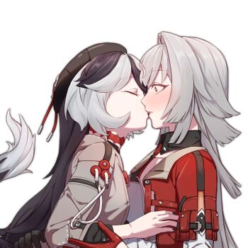 2girls animal_ears beret black_hair brown_jacket commentary coralie_6626_planck coralie_6626_planck_(valkyrie_blastmetal) da_forluv english_commentary erdos_helia erdos_helia_(valkyrie_boltstorm) grey_hair hair_intakes hat highres honkai_(series) honkai_impact_3rd jacket long_hair long_sleeves multicolored_hair multiple_girls simple_background tail two-tone_hair white_background white_hair