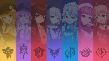 6+girls baseball_cap blonde_hair blue_eyes bone_print bow bowtie braid breasts cleavage coat collared_shirt commentary english_commentary flandre_scarlet grin hakurei_reimu hat headwear_request highres icewind0223 izayoi_sakuya jacket jewelry kirisame_marisa looking_at_viewer multiple_girls necklace necktie open_clothes open_jacket patchouli_knowledge pendant print_shirt purple_eyes purple_necktie red_eyes remilia_scarlet shirt side_braid single_braid skirt smile touhou white_shirt yakumo_yukari yellow_eyes yellow_necktie