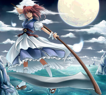 1girl breasts cloud coin dress female_focus full_moon fuyuwa_kotatsu hair_bobbles hair_ornament hitodama impossible_clothes in_water kneehighs looking_at_viewer medium_breasts moon night obi okobo onozuka_komachi outdoors platform_sandals puffy_short_sleeves puffy_sleeves red_eyes red_hair rock sandals sash scythe short_hair short_sleeves short_twintails skirt skirt_set socks solo standing touhou twintails two_side_up water white_socks wrist_cuffs