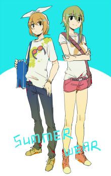 2girls bag black_eyes black_pants blonde_hair blue_background blue_bag bow commentary_request crossed_arms green_hair green_shorts gumi hair_bow hairband hand_in_pocket highres kagamine_rin medium_hair multiple_girls pants pink_bag pink_shorts shirt short_hair short_shorts short_sleeves shorts shoulder_bag sidelocks simple_background smile solid_eyes split_mouth standing vocaloid white_bow white_hairband white_shirt wounds404