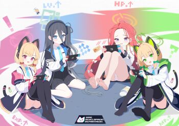 ! 4girls :3 :d ? absurdly_long_hair absurdres animal_ear_headphones animal_ears aqua_halo aqua_necktie aris_(blue_archive) baozi_9527 barefoot black_hairband black_jacket black_shorts black_skirt black_socks black_tail black_thighhighs blonde_hair blue_archive blue_eyes blue_jacket blunt_bangs blunt_ends blush bow braid bright_pupils buttons cat_ear_headphones cat_ears cat_tail chinese_commentary closed_mouth collared_shirt colorful_background commentary_request double-parted_bangs dress_shirt embarrassed fake_animal_ears fake_tail forehead frilled_jacket frilled_skirt frills full_body game_development_department_(blue_archive) green_bow green_eyes green_halo green_jacket grey_hair hair_between_eyes hair_bow hair_spread_out hairband halo handheld_game_console head_tilt headphones heart highres holding holding_handheld_game_console hood hood_down hooded_jacket jacket kei_(robot)_(blue_archive) knees_together_feet_apart knees_up legs_together long_bangs long_hair long_hair_between_eyes long_sidelocks long_sleeves looking_at_viewer low-tied_sidelocks midori_(blue_archive) miniskirt mixed-language_commentary momoi_(blue_archive) multicolored_jacket multiple_girls necktie nintendo_switch no_pants no_shoes off_shoulder one_side_up open_clothes open_jacket open_mouth orange_halo panties pantyshot parted_bangs pink_eyes pink_halo pink_jacket pixel_heart pleated_skirt pocket power_symbol puffy_long_sleeves puffy_sleeves purple_eyes rectangular_halo red_bow red_hair ringed_eyes sandals shadow shirt shoes short_hair short_necktie short_shorts shorts siblings sidelocks single_braid sisters sitting skirt slides smile sneakers socks soles split_mouth suspender_skirt suspenders tail thighhighs thighs ticket tie_clip toes twins two-sided_fabric two-sided_jacket unbuttoned underwear unworn_sandals unzipped very_long_hair wariza white_background white_bow white_jacket white_panties white_pupils white_sandals white_shirt white_shoes yellow_jacket yuzu_(blue_archive)