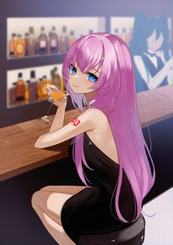 2girls absurdres alcohol bar_(place) bartender black_dress blue_eyes blurry blurry_background commentary_request dress drinking eyelashes hatsune_miku highres licking_lips long_hair looking_at_viewer megurine_luka multiple_girls pink_hair reirou_(chokoonnpu) shoulder_tattoo tattoo tongue tongue_out vocaloid