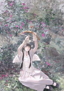 1girl angel_wings arrow_(projectile) black_hair black_shoes bow_(weapon) braid braided_twintails closed_mouth drawing_bow dress earrings feathered_wings flower full_body gloves grey_eyes halo heart heart_arrow highres holding holding_arrow holding_bow_(weapon) holding_weapon jewelry long_dress long_hair looking_up mary_janes nature necklace on_ground original pink_flower plant purupurualiens shoes short_sleeves sitting socks solo traditional_halo twin_braids twintails weapon white_dress white_gloves white_socks white_wings wings