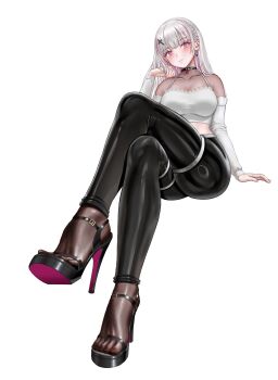 1girl absurdres asumi_sena blush crossed_legs feet highres long_hair looking_at_viewer mianbao_da_niunai multicolored_hair pink_eyes see-through_clothes see-through_legwear sitting streaked_hair toes vspo! white_hair