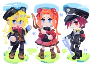 1boy 1girl 2boys 33yun :< absurdres black_hat black_jacket black_pants black_shoes black_vest blonde_hair blue_eyes blue_sky brown_shirt brown_shoes chibi chibi_only closed_mouth collared_shirt commentary detached_sleeves dress epic_battle_fantasy flower full_body grass gun hair_flower hair_ornament hand_in_pocket hat highres holding holding_staff jacket lance_(epic_battle_fantasy) long_hair matt_(epic_battle_fantasy) military_uniform multiple_boys natalie_(epic_battle_fantasy) neckerchief orange_hair pants pirate_hat ponytail red_dress red_eyes red_flower red_hair red_neckerchief red_rose red_sleeves rose shirt shoes sky smile staff standing symbol-only_commentary vest weapon