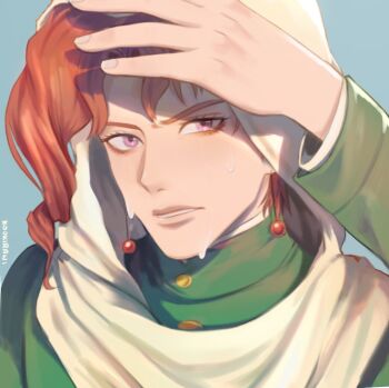 1boy blue_sky brown_hair commentary earrings english_commentary eyelashes gakuran hot jewelry jojo_no_kimyou_na_bouken kakyoin_noriaki kookirani long_sleeves looking_at_viewer male_focus outdoors parted_lips purple_eyes school_uniform signature sky solo stardust_crusaders sweat