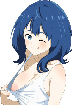 1girl ;p absurdres artist_name audirenze blue_eyes blue_hair breasts clothes_pull collarbone downblouse flashing highres large_breasts licking long_hair looking_at_viewer make_heroine_ga_oo_sugiru! nipple_slip nipples no_bra one_eye_closed puffy_nipples shirt shirt_pull simple_background sleeveless teasing tongue tongue_out white_background white_shirt yanami_anna