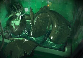 1boy bathroom bathtub cellphone cigarette claws commentary_request fins full_body green_theme head_fins holding holding_cigarette holding_phone in_bathtub indoors kaibatu2mm male_focus merman monster_boy original phone scar scars_all_over short_hair sitting smartphone solo tile_wall tiles too_many water webbed_hands