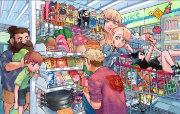 3boys 3girls :o animal_ears baguette beard black_eyes black_hair black_shirt black_shoes black_shorts blonde_hair blue_jacket blue_pants blue_shirt blunt_bangs bottle bread brown_hair brown_shorts cabbage calilo can candy_jar carrot cat_ears cat_girl checkered_clothes checkered_shirt chilchuck_tims collared_shirt commentary contemporary cooking_pot dryad_fruit_(dungeon_meshi) dungeon_meshi dwarf elf english_commentary facial_hair falin_touden food food_wrapper golem green_eyes green_shirt groceries hair_ribbon halfling hawaiian_shirt highres in_shopping_cart izutsumi jacket jar laios_touden linked_sausages long_beard lying mandrake_(dungeon_meshi) marcille_donato marcille_donato_(lord) milk_carton multiple_boys multiple_girls mustache on_back pants pointy_ears ponytail red_ribbon red_shirt ribbon sausage senshi_(dungeon_meshi) shelf shirt shoes shopping shopping_cart short_sleeves shorts sleeves_rolled_up snack sneakers squatting stuffed_toy supermarket sweater tomato walking_mushroom_(dungeon_meshi) white_shirt yellow_eyes