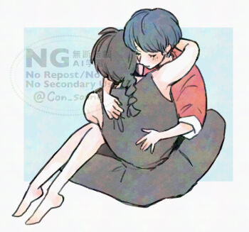 arm_around_back arm_around_neck barefoot black_hair black_pantyhose black_shirt blue_background blue_hair border braid closed_eyes con_sonne couple full_body hetero hug pantyhose parted_bangs ranma_1/2 red_shirt saotome_ranma shirt short_hair single_braid sitting sitting_on_lap sitting_on_person sketch tendou_akane twitter_username white_border