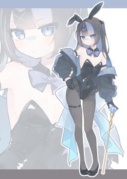 1girl absurdres animal_ear_hairband animal_ears back_bow bandaid bandaid_on_face bandaid_on_nose black_collar black_gloves black_hair black_jacket black_leotard black_pantyhose bow bowtie breasts cane collar colored_inner_hair commentary_request covered_navel detached_collar fake_animal_ears full_body gloves grey_bow grey_bowtie grey_hair hairband highres jacket leotard multicolored_hair original pantyhose playboy_bunny rabbit_ears small_breasts solo strapless strapless_leotard two-tone_hair u0 zoom_layer