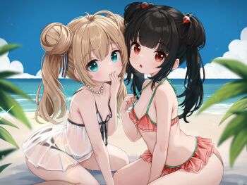 2girls absurdres areola_slip ass beach bikini bikini_pull black_bikini black_hair blonde_hair breasts clothes_pull cloud commentary comodox english_commentary face-to-face green_eyes hair_bobbles hair_bun hair_ornament hand_to_own_mouth highres huge_filesize loli long_hair looking_at_viewer lulla_(comodox) miu_(comodox) multiple_girls ocean open_mouth original outdoors pink_bikini pulling_own_clothes red_eyes revision ribbon see-through_clothes sitting sky small_breasts swimsuit textless_version thighs twintails white_bikini