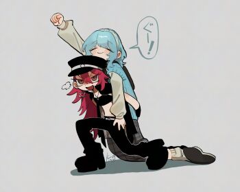 Rule 34 | 11230kingyo, 2girls, banchou, black hat, blue hair, brown eyes, carrying, closed eyes, delinquent, hair between eyes, hat, highres, kimi no koto ga dai dai dai dai daisuki na 100-nin no kanojo, long hair, long sleeves, multiple girls, nemui nemu, open mouth, piggyback, red hair, smile, tomogara saki