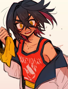 Rule 34 | 1boy, absurdres, angry, bare shoulders, black hair, blush, collarbone, colored inner hair, crossed bangs, fang, hair between eyes, hairband, highres, holding hairband, jacket, jacket partially removed, kieran (pokemon), looking at viewer, male focus, mole, mole on neck, multicolored hair, nintendo, open mouth, pokemon, pokemon sv, red tank top, signature, solo, tank top, teeth, tisanntisyou, unworn hairband, upper teeth only, white jacket, yellow hairband