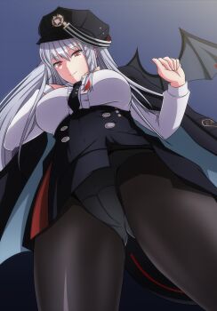 1girl black_coat black_hat black_necktie black_panties black_pantyhose black_skirt blue_archive blue_background bow breasts cameltoe closed_mouth coat hair_bow hands_up haruna_(blue_archive) hat highres large_breasts long_hair long_sleeves looking_at_viewer looking_down makiri_akira necktie panties pantyhose red_eyes shirt shirt_tucked_in silver_hair simple_background skirt smile solo underwear white_panties white_shirt wings