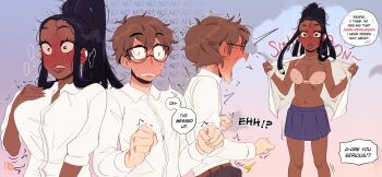 1boy 1girl absurdres black_hair bra breasts chocotoro dark-skinned_female dark_skin english_text erection hachiouji_naoto heart heart-shaped_pupils high_ponytail highres ijiranaide_nagatoro-san mahmapuu meme nagatoro_hayase ponytail school_uniform artist_self-insert sequential speech_bubble symbol-shaped_pupils they_had_lots_of_sex_afterwards_(meme) underwear undressing