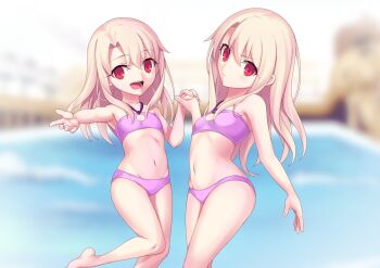 Rule 34 | 2girls, bare shoulders, barefoot, bikini, blush, breasts, dual persona, fate/kaleid liner prisma illya, fate/stay night, fate (series), highres, holding hands, illyasviel von einzbern, long hair, looking at viewer, morokoshi (tekku), multiple girls, navel, purple bikini, red eyes, sidelocks, small breasts, swimsuit, thighs, white hair