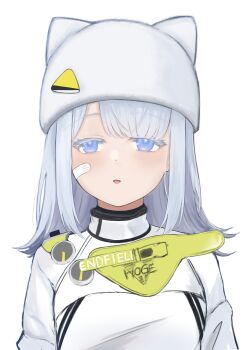 Rule 34 | 1girl, absurdres, arknights, arknights: endfield, bandaid, bandaid on cheek, bandaid on face, blue eyes, bright pupils, clothes writing, codename696, colored eyelashes, commentary request, estella (arknights), grey hair, hat, highres, looking at viewer, medium hair, parted lips, simple background, solo, sweater, upper body, white background, white hat, white pupils, white sweater
