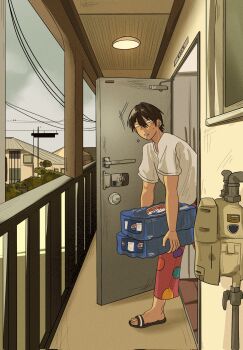 Rule 34 | 1boy, apartment, arakita yasutomo, black hair, black shoes, ceiling light, cloud, cloudy sky, commentary request, doorknob, full body, grey sky, hair between eyes, hallway, highres, holding, looking at viewer, lower eyelashes only, male focus, motion lines, open door, outdoors, parted lips, pepsi, polka dot pants, railing, shirt, shoes, short hair, short sleeves, sky, slouching, solo, surprised, sweatdrop, telegraph lines, toes, walking, white shirt, window, wuxhx0, yowamushi pedal