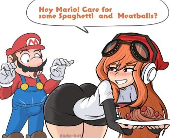 1boy 1girl :o ass bent_over blush bulge dodo-bot english_text erection erection_under_clothes facial_hair food goggles goggles_on_head highres huge_ass long_hair looking_back mario mario_(series) meggy_spletzer mustache nintendo orange_hair pasta presenting red_eyes short_shorts shorts smg4 smirk spaghetti sunset_paradise super_mario_bros._1 very_long_hair