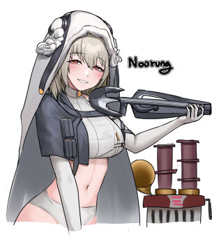 1girl artist_name blonde_hair blush commentary crop_top elbow_gloves english_commentary flower gloves goddess_of_victory:_nikke hand_up highres holding holding_instrument holding_violin instrument julia_(nikke) long_veil looking_at_viewer machine midriff navel noorung red_eyes short_hair short_shorts shorts simple_background smile solo strap turtleneck upper_body veil violin white_background