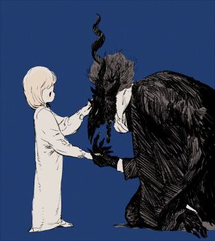 1boy 1girl black_capelet black_hair blonde_hair blue_background bowing capelet child commentary_request dress furry grey_hair hand_on_another&#039;s_head holding_hands horns kneeling nagabe sensei_(totsukuni_no_shoujo) shiva_(totsukuni_no_shoujo) short_hair simple_background totsukuni_no_shoujo