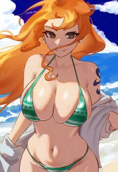 1girl absurdres adapted_costume bikini blue_sky blue_tattoo breasts closed_mouth cloud curvy earrings floating_hair green_bikini haizhefriend highleg highleg_bikini highres large_breasts long_hair looking_at_viewer nami_(one_piece) nami_(one_piece)_(return_to_sabaody) one_piece orange_hair pearl_earrings shiny_skin shirt shoulder_tattoo sky smile striped_bikini striped_clothes swimsuit tattoo thong_bikini wet white_shirt wide_hips