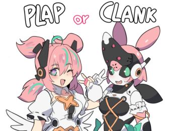 2girls angel_wings blue_eyes blush collarbone green_eyes green_hair highres hinghoi humanoid_robot joints looking_at_viewer mechanical_arms multicolored_hair multiple_girls one_eye_closed open_mouth pink_hair pink_skirt plap robot robot_ears robot_girl robot_joints short_hair skirt solo twitter_username v wings yutane_johiel zenless_zone_zero