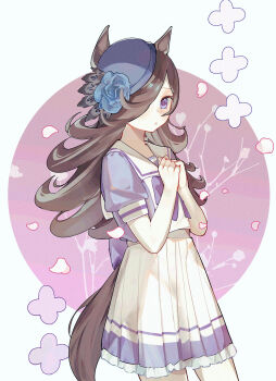 1girl animal_ears blue_flower blue_rose blush bow bowtie brown_hair commentary_request flipped_hair flower hair_over_one_eye hat hat_flower highres horse_ears horse_girl horse_tail long_hair looking_at_viewer pleated_skirt puffy_short_sleeves puffy_sleeves purple_bow purple_bowtie purple_eyes purple_shirt rice_shower_(umamusume) rose sailor_collar sailor_shirt school_uniform shirt short_sleeves skirt solo tail thighhighs tilted_headwear tracen_school_uniform umamusume white_sailor_collar white_skirt white_thighhighs xoaiu